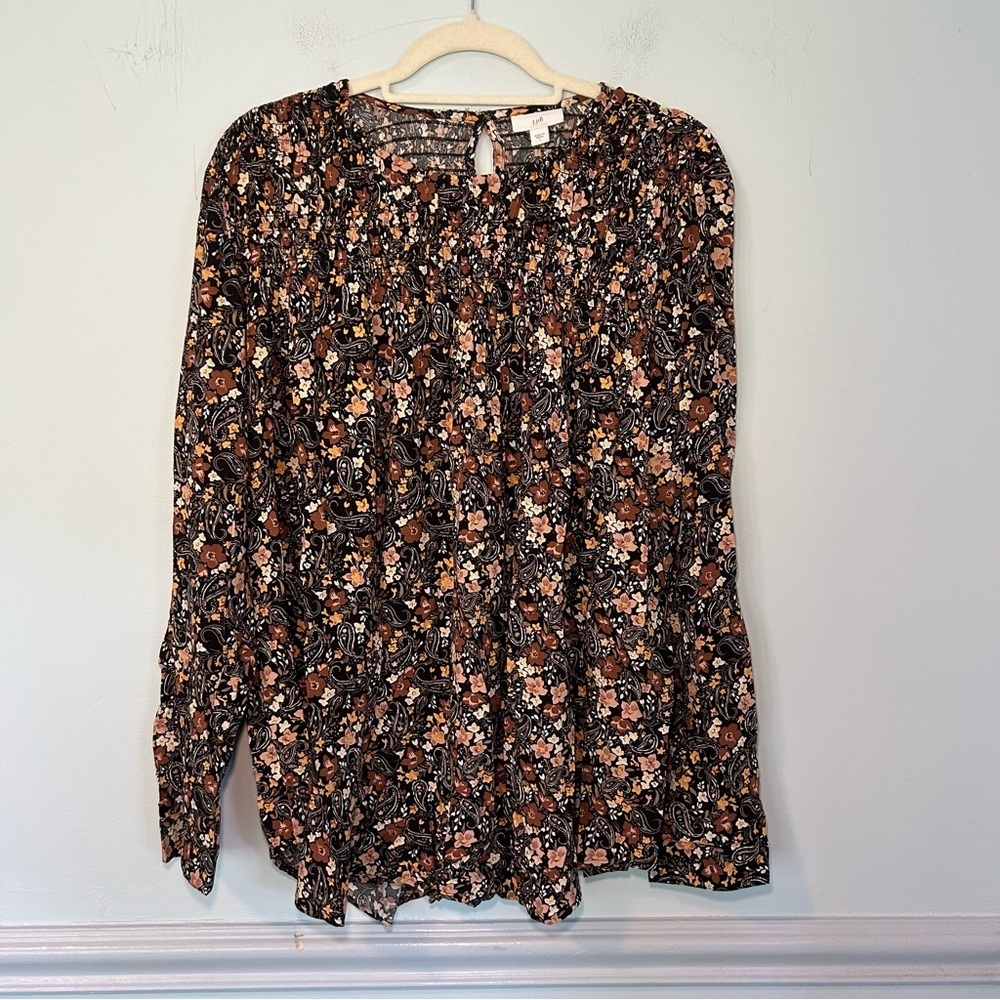 J. Jill Black Paige Floral Print Smock Long Sleeve Blouse Size Large